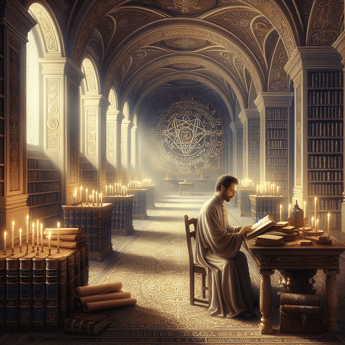 Egy csendes könyvtár jelenete, amely a reneszánsz építészeti stílusát tükrözi. Az ősi könyvek, tekercsek és hermetikus filozófiához kapcsolódó szimbólumok gazdagon díszítik a teret. A középpontban egy elmélyült, gondolkodó fehér bőrű férfi tudós ül, aki egy kéziratot tanulmányoz. A helyiséget lágy, meleg fény világítja meg, ami még barátságosabbá teszi a hangulatot.