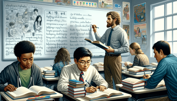 Egy elfoglalt osztályterem jelenete, amely a nyelvtanulmányokra összpontosít, egy fehér diák ír a magas fehér táblára, egy ázsiai diák vastag tankönyv