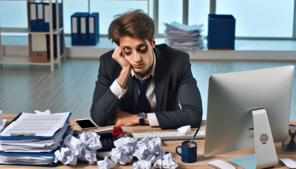 Egy fáradt fiatal kaukázusi szakember egy széken ül, és a zűrzavaros íróasztalán lévő számítógép, okostelefon és rendezetlen papíralapú iratok halmaza