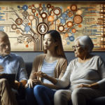 Egy fehér bőrű férfi, egy ázsiai nő és egy idős hispán hölgy ülnek együtt egy meleg, barátságos nappaliban, beszélgetnek. Egy nagy, bonyolult diagramo