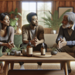 Egy fehér bőrű nő, egy ázsiai férfi és egy spanyol férfi együtt ülnek egy kényelmes nappaliban, élénk beszélgetésbe merülve. Meleg légkör veszi őket k