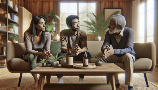 Egy fehér bőrű nő, egy ázsiai férfi és egy spanyol férfi együtt ülnek egy kényelmes nappaliban, élénk beszélgetésbe merülve. Meleg légkör veszi őket k