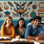 Egy fehér bőrű nő, egy spanyol ajkú férfi és egy ázsiai nő együtt ülnek egy színes osztályteremben, és angolt tanulnak. Beszélgetnek egymással, körülö