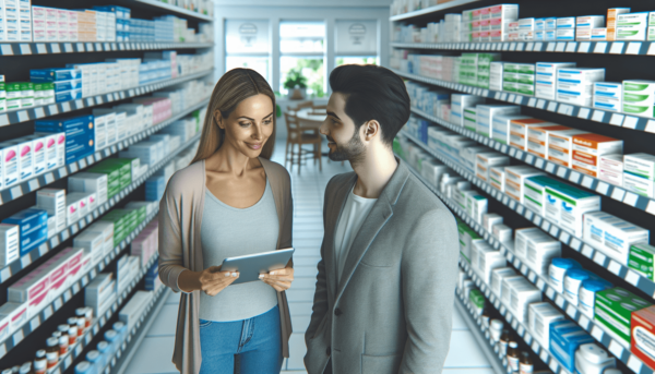 Egy fehér bőrű nő és egy ázsiai férfi állnak együtt egy világosan megvilágított gyógyszertárban, és a vény nélkül kapható gyógyszerek lehetőségeit viz