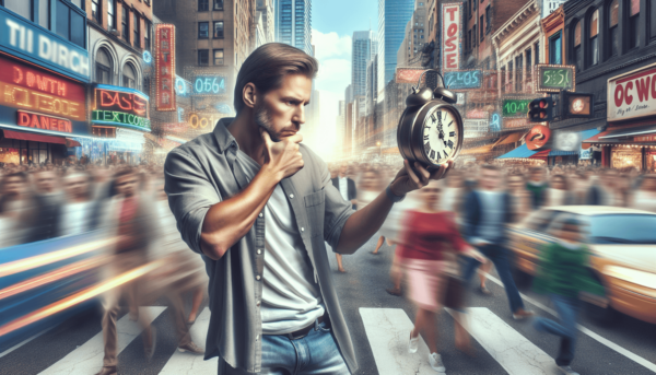 Egy gondolkodó, kaukázusi férfi, aki hétköznapi ruházatban van öltözködve, áll a nyüzsgő városi tér közepén, és figyelmesen nézi a kezében tartott vin