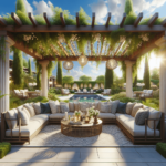 Egy gyönyörűen megtervezett kültéri terasz, amely stílusos pergolával rendelkezik, amelyet futónövények és dekoratív kiegészítők díszítenek. A pergola