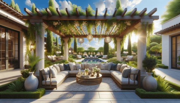 Egy gyönyörűen megtervezett kültéri terasz, amely stílusos pergolával rendelkezik, amelyet futónövények és dekoratív kiegészítők díszítenek. A pergola