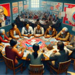 Egy három fős sokszínű csoport szenvedélyes vitát folytat egy rendetlen asztal körül, amely tele van papírokkal, diagramokkal és ábrákkal, amelyek a t