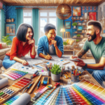 Egy háromfős sokszínű csoport - egy fehér nő, egy ázsiai férfi és egy spanyol férfi - lelkesedéssel beszélget otthonfelújítási terveikről egy zsúfolt