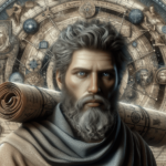 Egy hiperrealisztikus ábrázolása egy ősi kaukázusi férfi filozófának, aki tudás szimbólumaival van díszítve, mint például tekercsek és egy részletes é