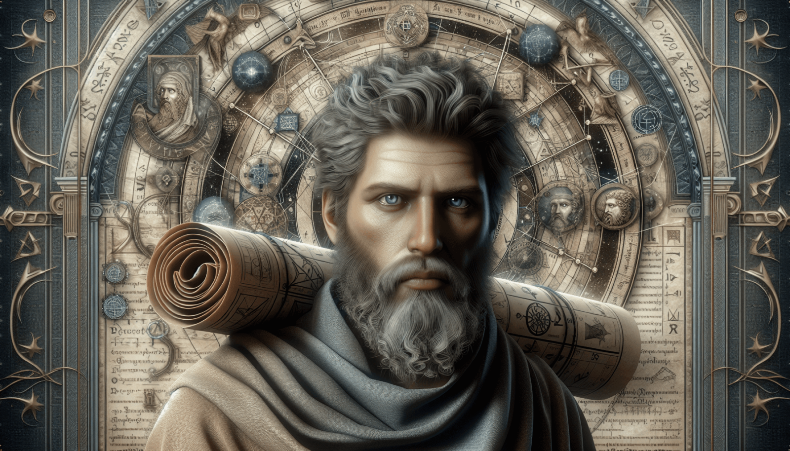 Egy hiperrealisztikus ábrázolása egy ősi kaukázusi férfi filozófának, aki tudás szimbólumaival van díszítve, mint például tekercsek és egy részletes é