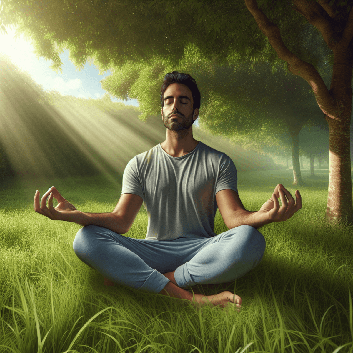 Egy hispán személy ül keresztbe tett lábakkal egy fűvel borított mezőn, mélyen belemerülve a stresszkezelési technikák gyakorlásába. Zárt szemmel és nyugodt arckifejezéssel sugallja a teljes relaxációt és tudatosságot. A környező békés táj, a személy alatt álló buja fák, amelyek között lágy napsugarak szűrődnek át, finom árnyékokat vetve, még inkább kiemelik a jelenet nyugalmát. Ez a kép megtestesíti a stressz és fáradtság feletti győzelmet.