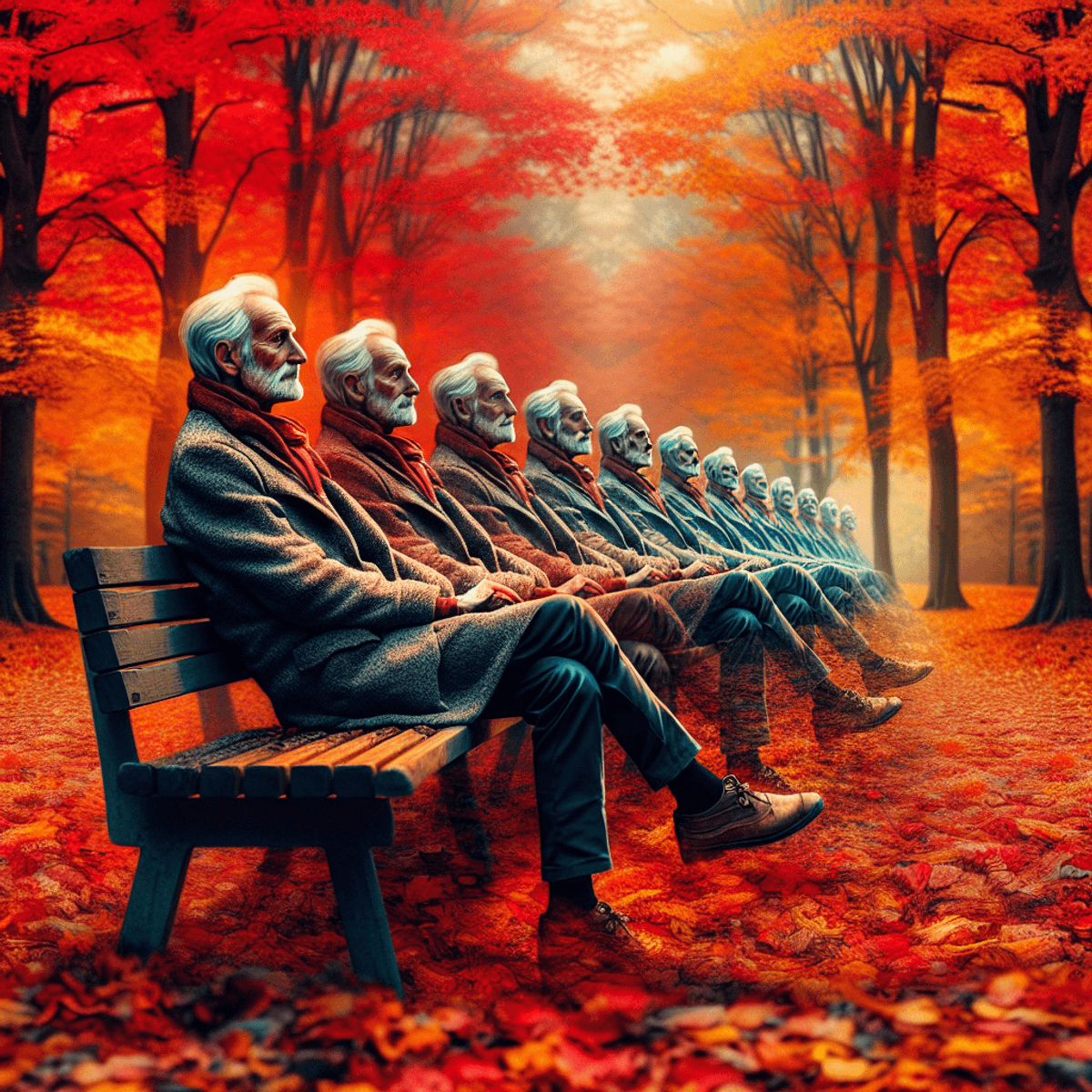 Egy idős, reflektív arcú, kaukázusi férfi ül egy fából készült padon, körülötte az őszi táj színeivel. A pad alatt élénk vörös, égett narancs és aranysárga falevelek borítják a földet, amelyek az idő múlását jelképezik. Az egész jelenet az introspekció érzését sugallja, mintha a férfi az élet sokszínű pillanataira gondolna.