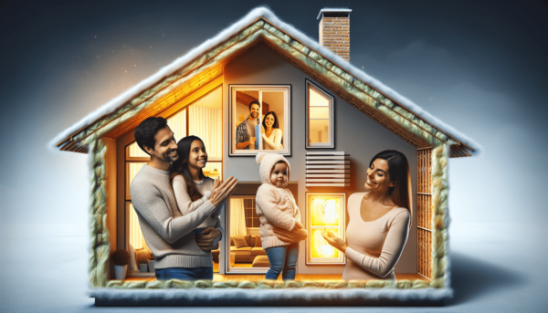 Egy kényelmes, energiahatékony ház látható szigetelési fejlesztésekkel, ahol egy boldog spanyol ajkú család ellenőrzi az ablakokat és a falakat. A csa