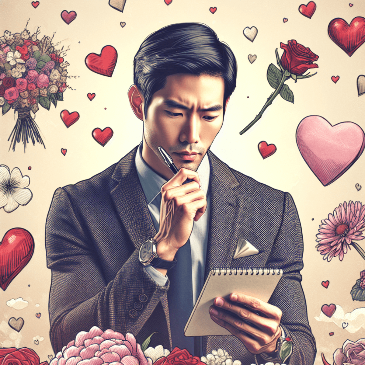Egy kontemplatív ázsiai férfi látható, aki gondosan romantikus stratégiát tervez. Szív és különféle virágok szimbolizálják a szeretetet körülötte, hangsúlyozva figyelmét a nők preferenciáira. Az egyik kezében notepadot és tollat tart, de szöveg nem látható. Az arca kifejeződései sokat mondanak, miközben a környezete a szeretet és megértés légkörét árasztja.