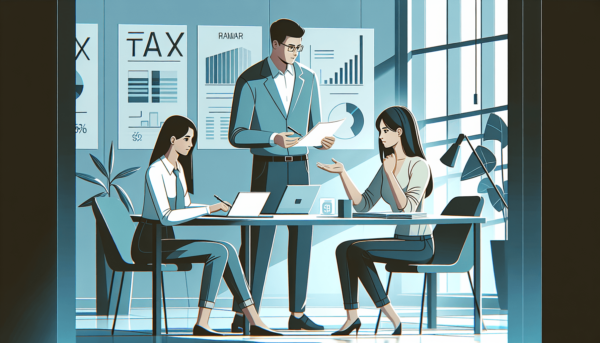 Egy modern iroda, amelyben egy nagy asztal található, tele színes diagramokkal, grafikonokkal és adóbevallási űrlapokkal. Egy rövid barna hajú kaukázu