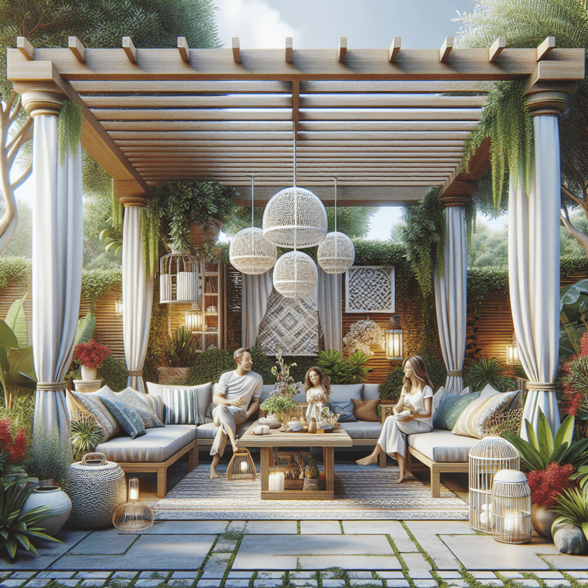 Egy modern kültéri pergola, amely különféle díszítésekkel van gazdagítva, egy buja kertben helyezkedik el. A hangulatot nyugodt pihenés jellemzi, körülötte színes növények és dísztárgyak találhatók. Egy kaukázusi család, különböző korosztályokkal és nemekkel, élvezi az időt a pergola alatt, a kép a békés szabadidős tevékenységet ábrázolja, szöveg vagy írás nélkül, csupán szimbólumokkal, emberekkel és tárgyakkal kommunikálva az atmoszférát.