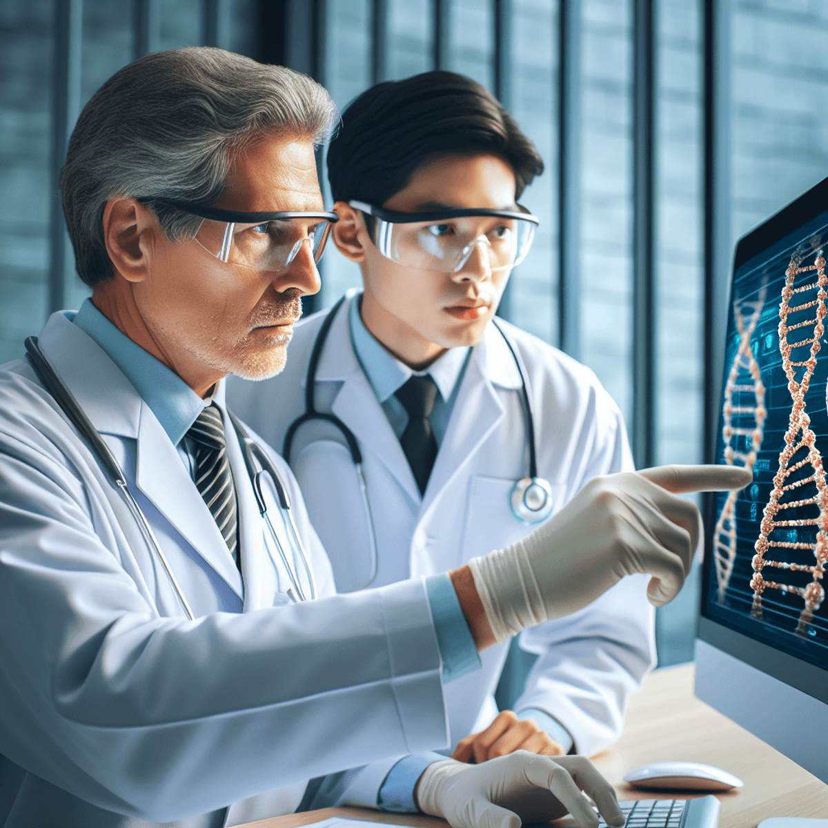 Egy modern laboratóriumi környezetben készült kép, ahol egy tekintélyes kaukázusi orvos fehér köpenyt visel, és stethoszkóp lóg a gallérján. Éppen a számítógép képernyőjére mutat, amelyen DNS szekvenciák láthatók. Mellette egy ázsiai genetikus biztonsági szemüveget visel, és a képernyőn megjelenő genetikai információt elemzi. Mindketten mély beszélgetésbe merültek, ami a genetikai tesztelés központi szerepét jelképezi a diagnózisban és a kezelésben.