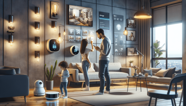 Egy modern okosotthon nappalija, ahol egy fehér bőrű férfi a falon lévő okos termosztátot állítja, míg egy spanyol származású nő az okostelefonjával i