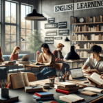 Egy modern tanulósarok, ahol különböző diákok tanulás közben vannak jelen. Egy fehér bőrű férfi diák egy könyvet lapozgat, míg egy ázsiai női diák egy