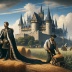 Egy nemes, gazdagon díszített, élénk színű ruhákban magabiztosan áll a foregroundban, hatalmat és gazdagságot sugározva, míg egy fekete paraszt a köze