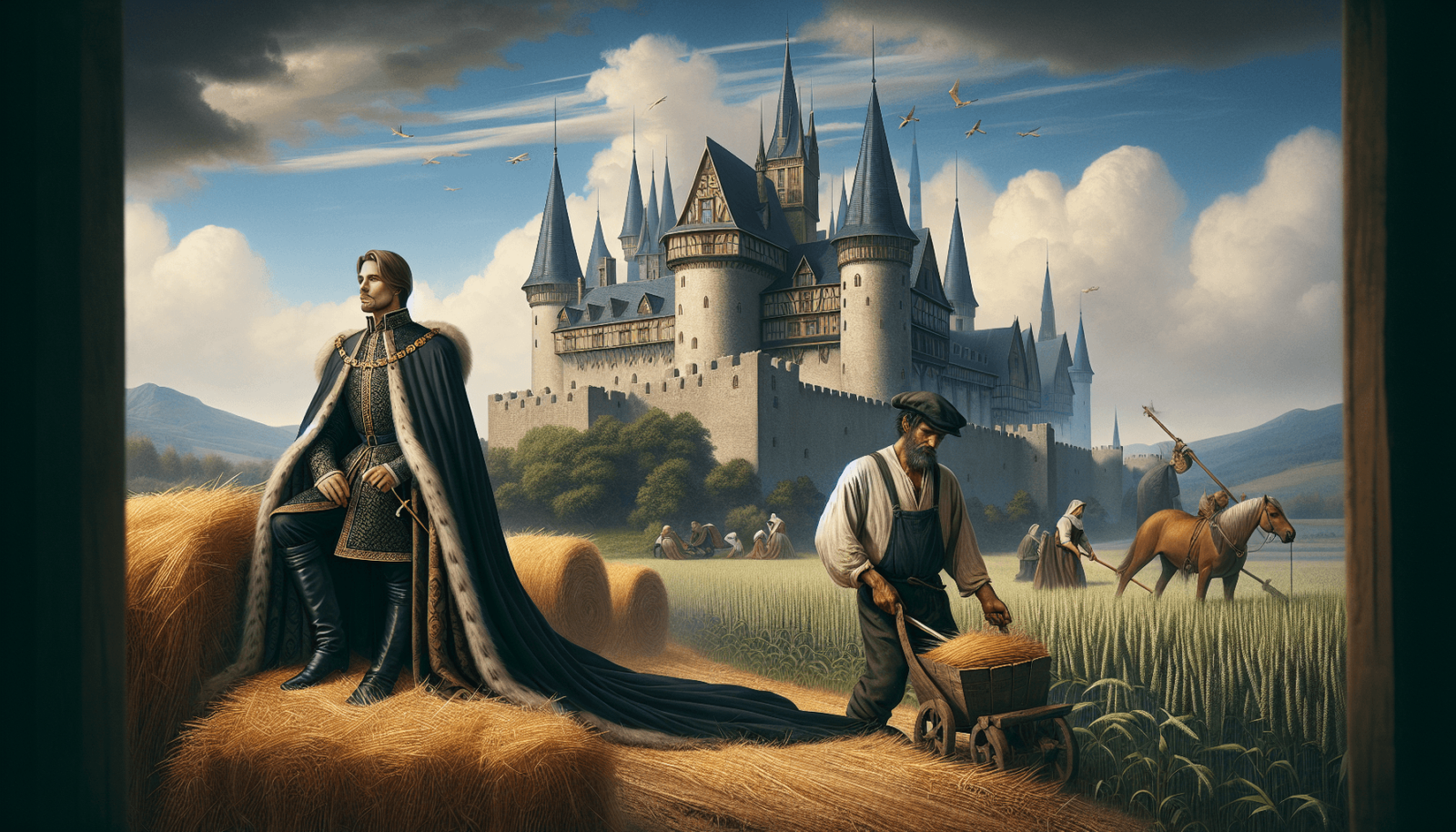 Egy nemes, gazdagon díszített, élénk színű ruhákban magabiztosan áll a foregroundban, hatalmat és gazdagságot sugározva, míg egy fekete paraszt a köze