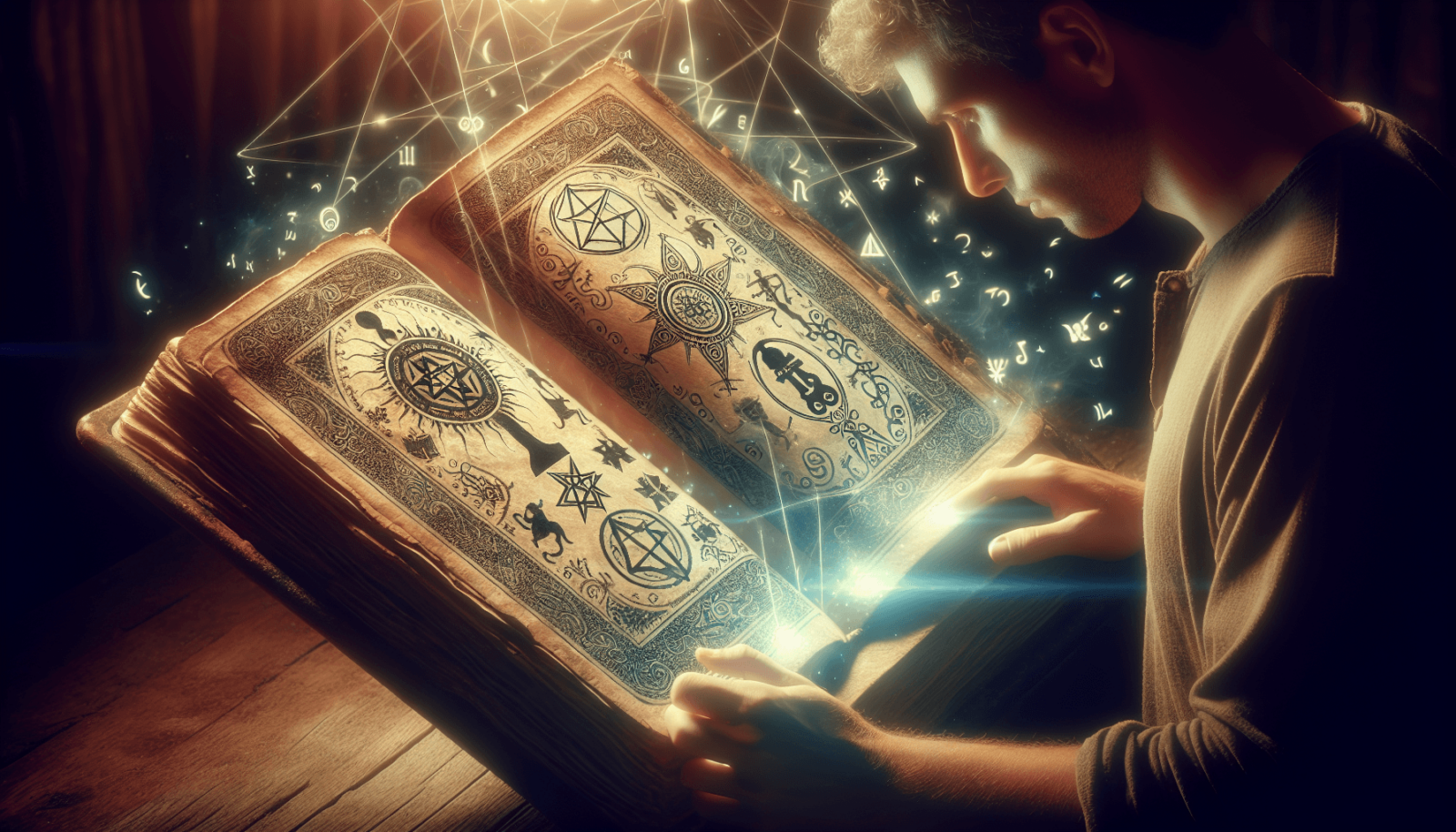 Egy nyitott, ősi kötet, amelyen fénylő, megkülönböztethetetlen misztikus szimbólumok találhatók, egy fából készült asztalon pihen, lágy gyertyafényekk