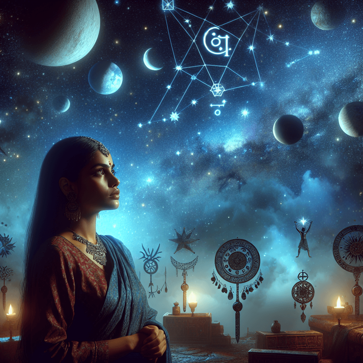 Egy nyugodt éjszakai égbolt, tele csillagokkal és bolygókkal, ahol egy dél-ázsiai nő áll a csillagos ég alatt, mély contemplációval az arcán. Kifejezése önfelfedezés és spirituális növekedés útját tükrözi. A jelenetben olyan szimbólumok és tárgyak találhatók, amelyek a hermetikus tanítások asztrológiáját idézik fel, de szavakat vagy olvasható szöveget nem tartalmaz.
