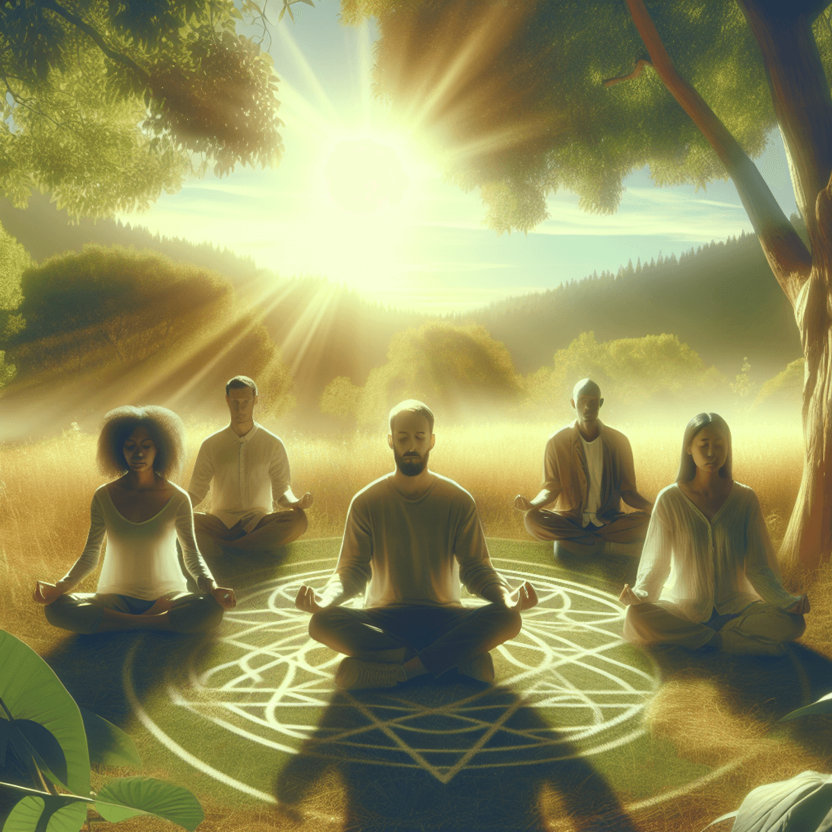 Egy nyugodt meditációs jelenet, ahol egy kaukázusi férfi, egy spanyol nő és egy ázsiai nem-bináris személy együtt ülnek egy békés kültéri környezetben. A lágy fényben fürödve, a természet szépségei körülveszik őket, a harmónia és boldogság keresését szimbolizálva a Kabbala tanításain keresztül.