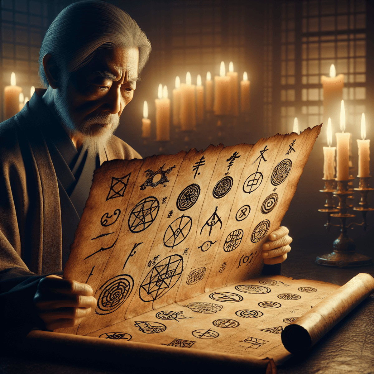 Egy régi, időtlenített kézirat vagy tekercs látható, amely kibővítve fekszik egy gyenge, lágy gyertyafényben. A pergamen tele van titokzatos szimbólumokkal és megfejthetetlen jelekkel, amelyek hermetikus tanításokat szimbolizálnak. A képen nem szerepel írásbeli nyelv vagy szöveg, csak rejtélyes szimbólumok és minták. Az idős ázsiai tudós gondolkodva áll a jelenetben, arca a felfedezés és bölcsesség árnyalatát tükrözi, miközben gondosan vizsgálja a pergamen esoterikus elemeit. A jelenet nyugodt, mégis vibráló felfedezés és megértés auráját sugározza.