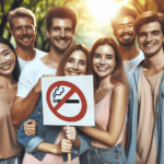 Egy sokszínű csoport, amelyben egy mosolygó kaukázusi nő és egy ázsiai férfi is szerepel, együtt áll egy napfényes parkban, és univerzális 'Nem dohány