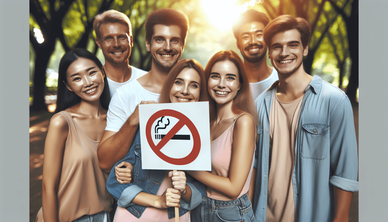 Egy sokszínű csoport, amelyben egy mosolygó kaukázusi nő és egy ázsiai férfi is szerepel, együtt áll egy napfényes parkban, és univerzális 'Nem dohány