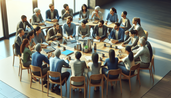 Egy sokszínű csoport, beleértve kaukázusi, ázsiai és spanyol származású egyéneket, élénk politikai vitát folytat egy asztal körül, amely tele van papí