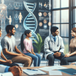 Egy sokszínű egészségügyi szakemberekből álló csoport, beleértve egy fehér bőrű férfi orvost és egy dél-ázsiai női genetikai tanácsadót, támogató besz