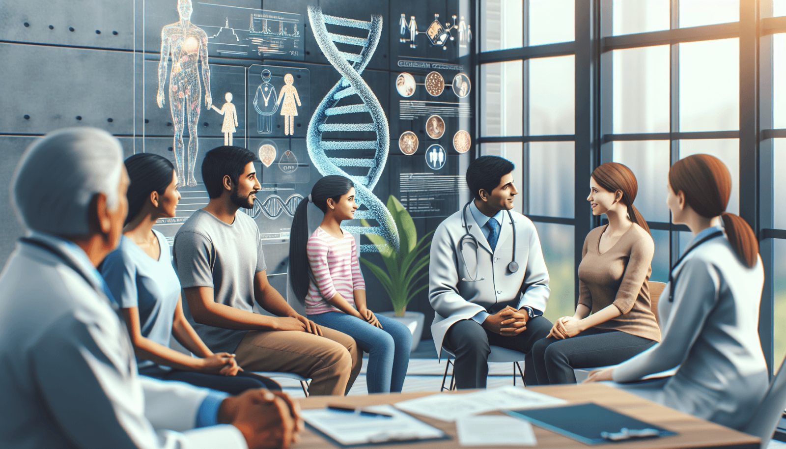 Egy sokszínű egészségügyi szakemberekből álló csoport, beleértve egy fehér bőrű férfi orvost és egy dél-ázsiai női genetikai tanácsadót, támogató besz