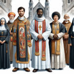 Egy sokszínű egyénekből álló csoport, akik a kereszténység egységét képviselik, áll egy történelmi, gótikus építészetű templom előtt. Jelen van egy ha