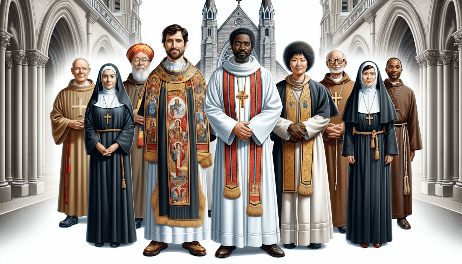 Egy sokszínű egyénekből álló csoport, akik a kereszténység egységét képviselik, áll egy történelmi, gótikus építészetű templom előtt. Jelen van egy ha