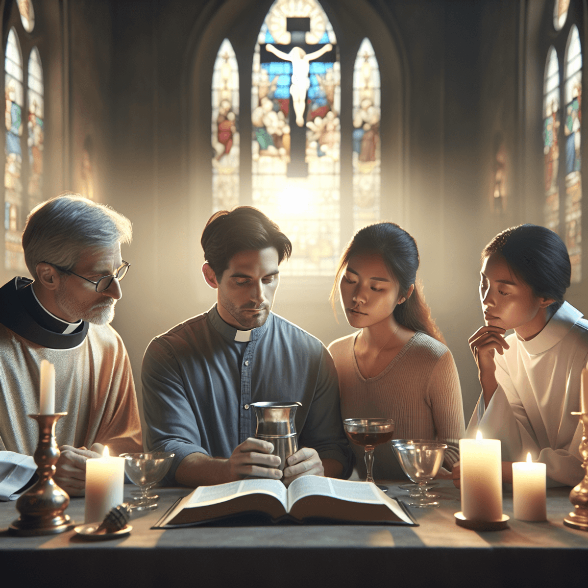 Egy templomban készült kép, ahol három ember - egy fehér bőrű férfi pap, egy ázsiai származású nővér és egy hispán származású laikus - vallási szövegekről folytatnak elmélyült beszélgetést. Az egész jelenet az egység és az együttműködés érzését sugallja a közös hitükben. A háttérben finoman megjelennek a katolikus egyház szimbólumai, mint például kereszt, égő gyertyák, ólomüveg ablakok vagy kommuniós elemek. Szöveg nem található a képen.