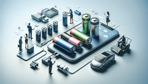Egy tiszta felületen számos akkumulátor látható, beleértve a lítium-ion, ólom-sav és gél akkumulátorokat is. A háttérben egy okostelefon és egy elektr