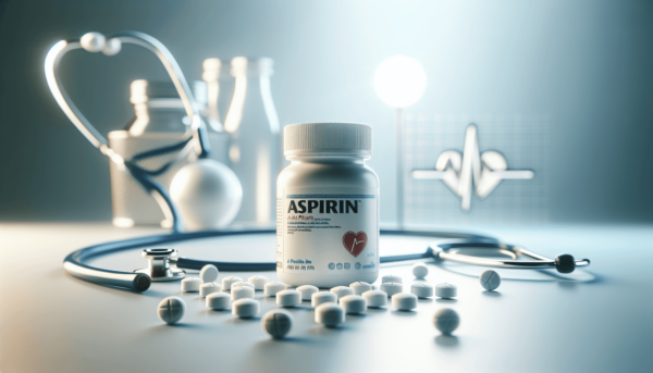 Egy üveg aszpirin, amelyet szétszórt tabletták vesznek körül egy sima felületen, mellette egy feltekert sztetoszkóp és egy szívszimbólum található, mi