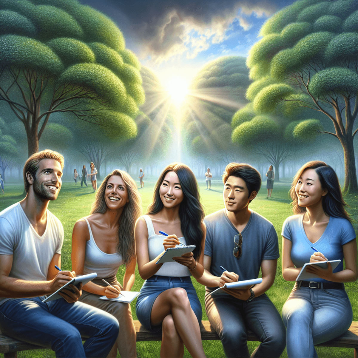 Egy valósághű ábrázolás egy több etnikai csoportból, amelyben egy fehér férfi, egy spanyol nő és egy ázsiai nő élénk beszélgetésbe merül egy zöldellő parkban, a lenyugvó nap lágy fényében. Mindannyian jegyzetfüzetet és tollat tartanak a kezükben, arckifejezésük eltökéltséget és fókuszt tükröz. Nyilvánvaló, hogy életcéljaikat jegyzik le. A háttérben magasra nőtt fák dús zöld lombozattal állnak, természetes képernyőként elválasztva őket a külvilágtól. A pozitivitást és inspirációt sugárzó nyugodt környezet motivációt testesít meg.