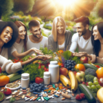 Egy változatos háromfős csoport - fehér bőrű nő, spanyol férfi és ázsiai nő - mosolyogva és kötődve ül egy asztal körül, mely tele van színes gyümölcs