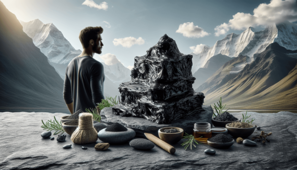 Egy vastag, fekete gyanta, amely a shilajitra hasonlít, egy durva kőfelületen helyezkedik el, gyógynövények és ásványi anyagok veszik körül. A háttérb