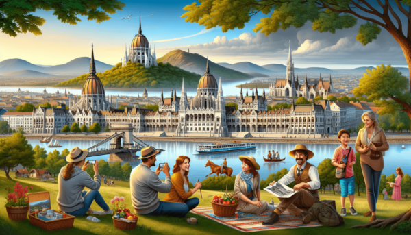 Egy vibráló jelenet, amely bemutatja a budapesti Budai Várat és a Parlament épületét, a háttérben a Balaton és a hagyományos magyar vidékkel. Egy fehé