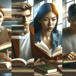 Három egyén egy modern könyvtárban: egy fókuszált, ráncolt homlokú kaukázusi nő, aki intenzíven olvas, egy ázsiai férfi, aki gyorsan lapozgatva olvas,