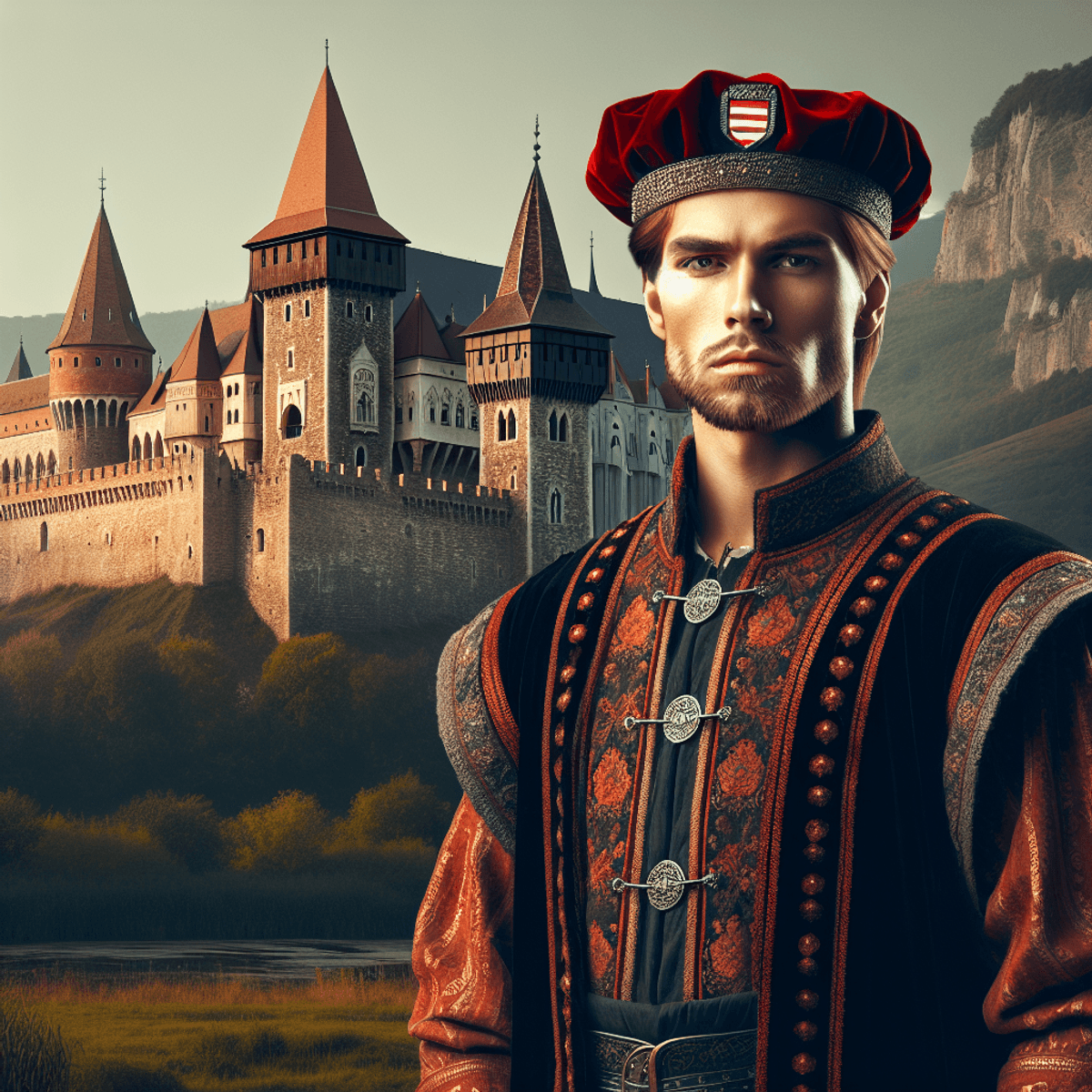 Középkori Rangok Európában Középkori magyar ispán, fehér bőrű férfi, hagyományos ruházatban, büszke arckifejezéssel áll egy történelmi kastély előtt, amely a középkori hatalmat és vezetést szimbolizálja. A kastély és a viselet a középkor építészeti stílusát és divatját tükrözi, hangsúlyozva az időszak történelmi jelentőségét.