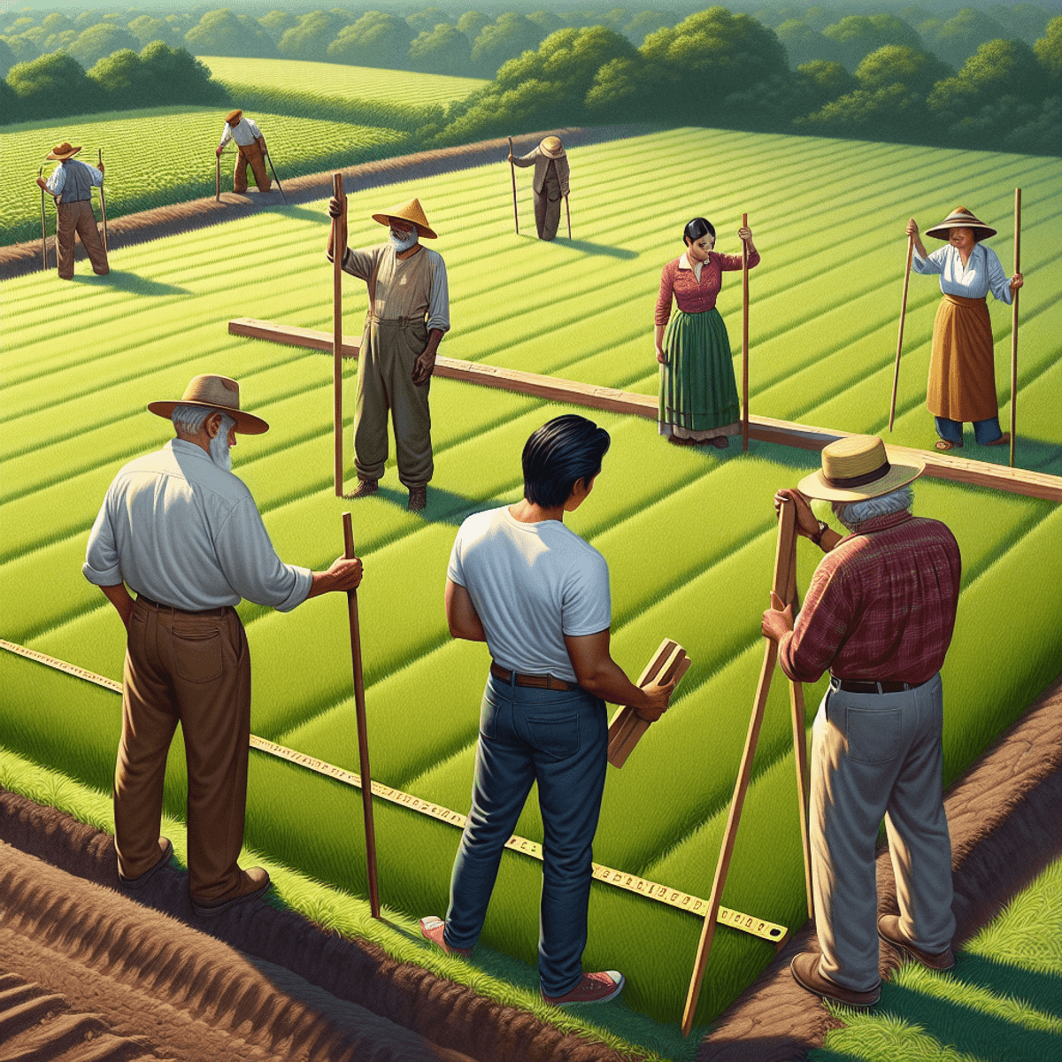 Egy csoport különböző származású ember áll egy zöld, buja mezőn, ahol hagyományos földmérő eszközökkel dolgoznak. A képen egy kaukázusi férfi mérőszalagot tart, egy hispán nő egy fából készült cölöpöt fog, míg egy ázsiai férfi figyeli a mérésre váró területet. A háttérben mezőgazdasági környezet látható, különféle növényekkel és fákkal. Az összkép a mezőgazdaságban használt hagyományos és íratlan mértékegységeket sugallja.