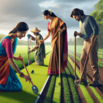 Egy dél-ázsiai nő, egy kaukázusi férfi és egy spanyol nő aktívan részt vesznek a földmérésben a buja zöld mezőgazdasági területen. Hagyományos mérőpál