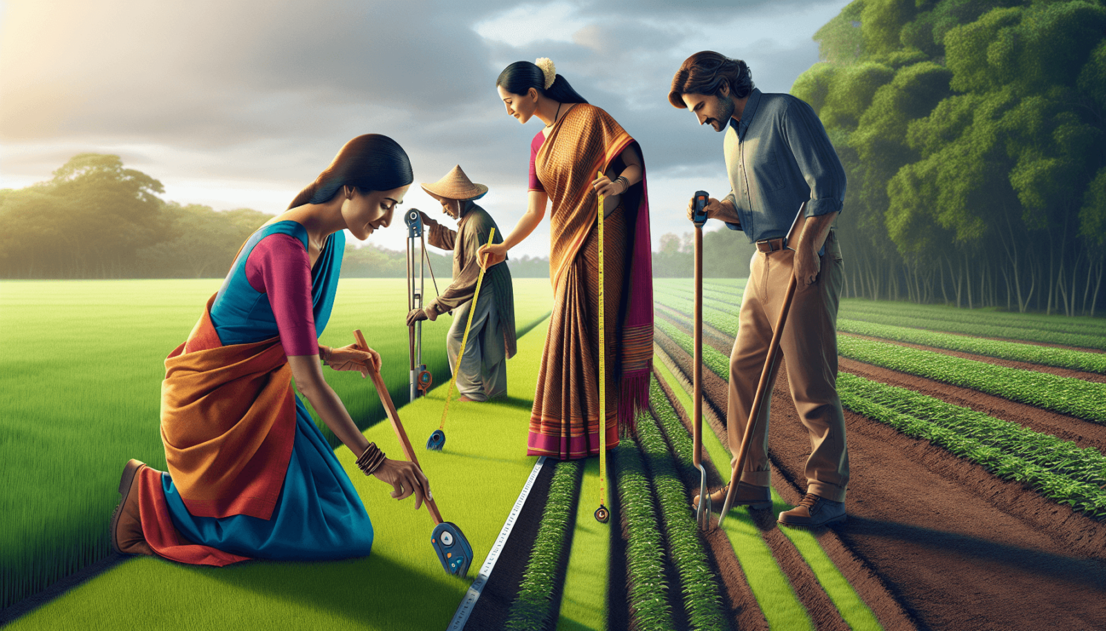 Egy dél-ázsiai nő, egy kaukázusi férfi és egy spanyol nő aktívan részt vesznek a földmérésben a buja zöld mezőgazdasági területen. Hagyományos mérőpál