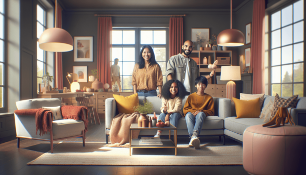 Egy hangulatos nappali, amely meleg színekkel teli IKEA-stílusú bútorokkal van berendezve, személyes dekorációs elemekkel díszítve. Egy dél-ázsiai nő,